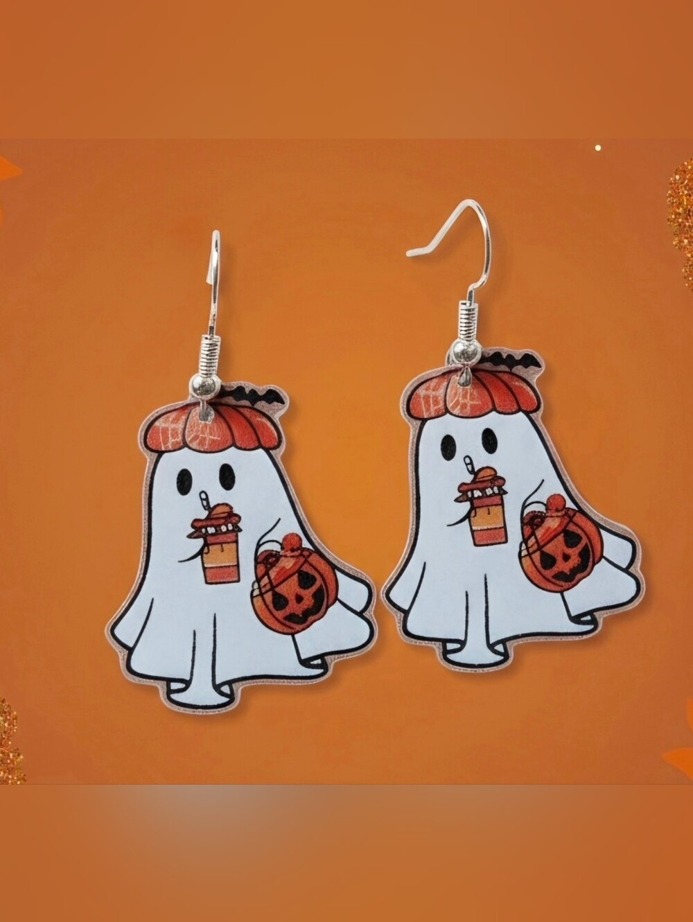 Kids Halloween Ghost Dangle Earrings - White & Orange